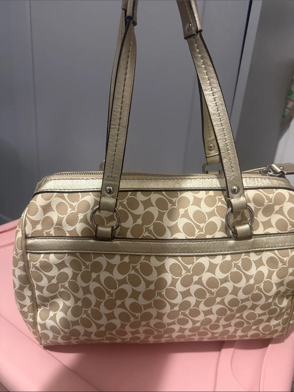 Coach Beige Signature Satchel with Metallic Gold Trim